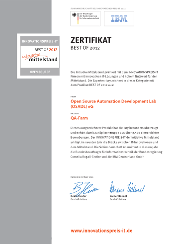 Certificate Best of 2012, category Open Source